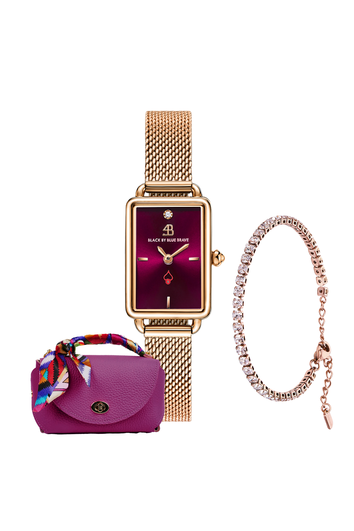 Rectangular Burgundy Dial Mesh Watch Bracelet & Purple Bag Set