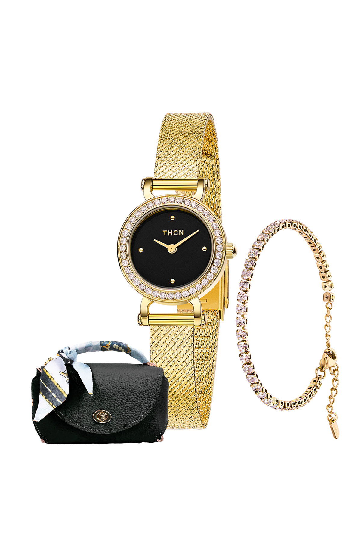Round Gold Watch With Black Bag & Bracelet Gift Set