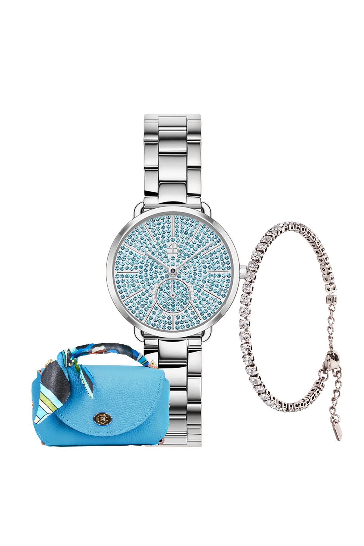 Round Blue Dial Silver Link Watch Bracelet & Blue Bag Set
