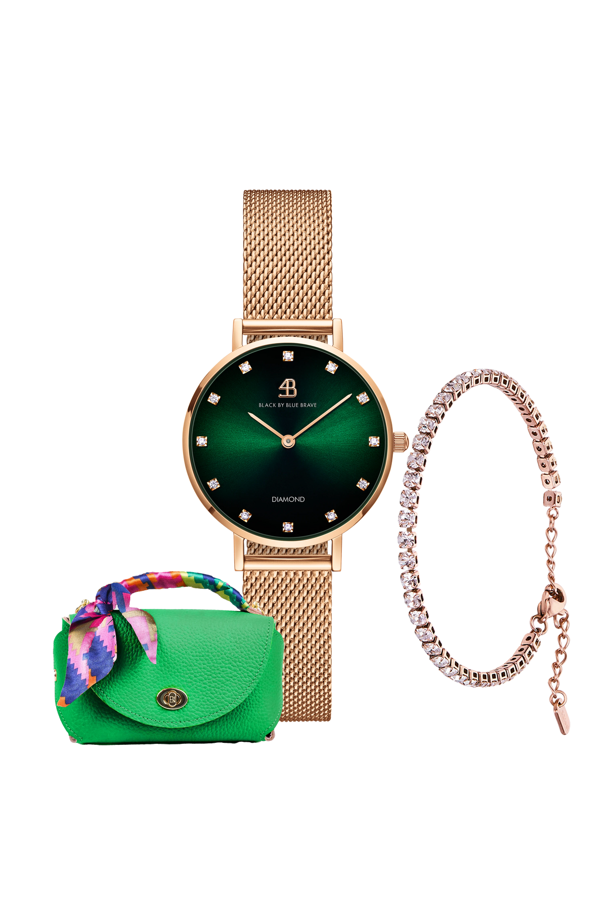 Round Green Dial Rose Gold Mesh Watch Bracelet & Green Bag Set