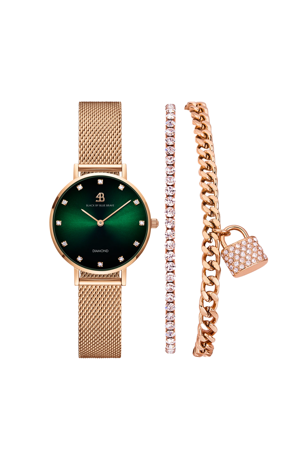 Round Rose Gold Green Diamond Watch Watch With Two Bracelets Gift Set
