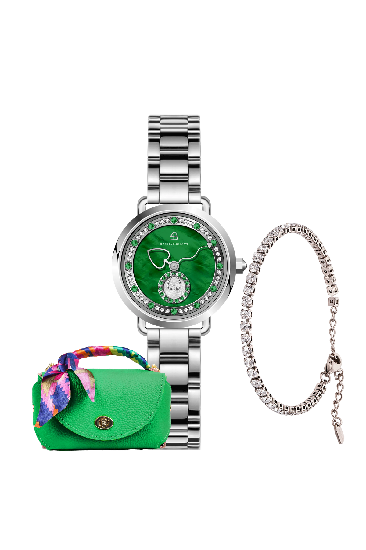 Round Green Mother-of-Pearl Steel Watch Bracelet & Green Bag Set