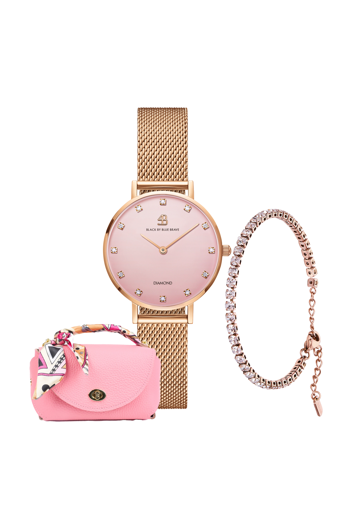 Round Pink Dial Rose Gold Mesh Watch Bracelet & Pink Bag Set