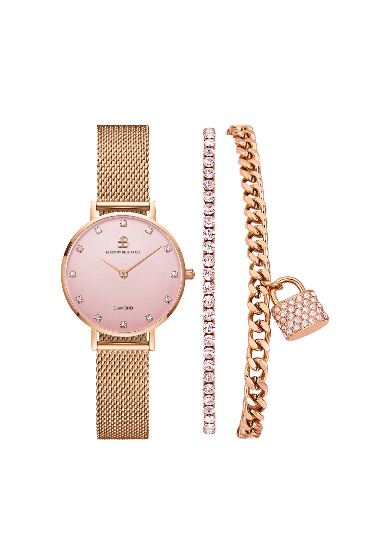 Round Rose Gold Pink Diamond Watch With Two Bracelets Gift Set