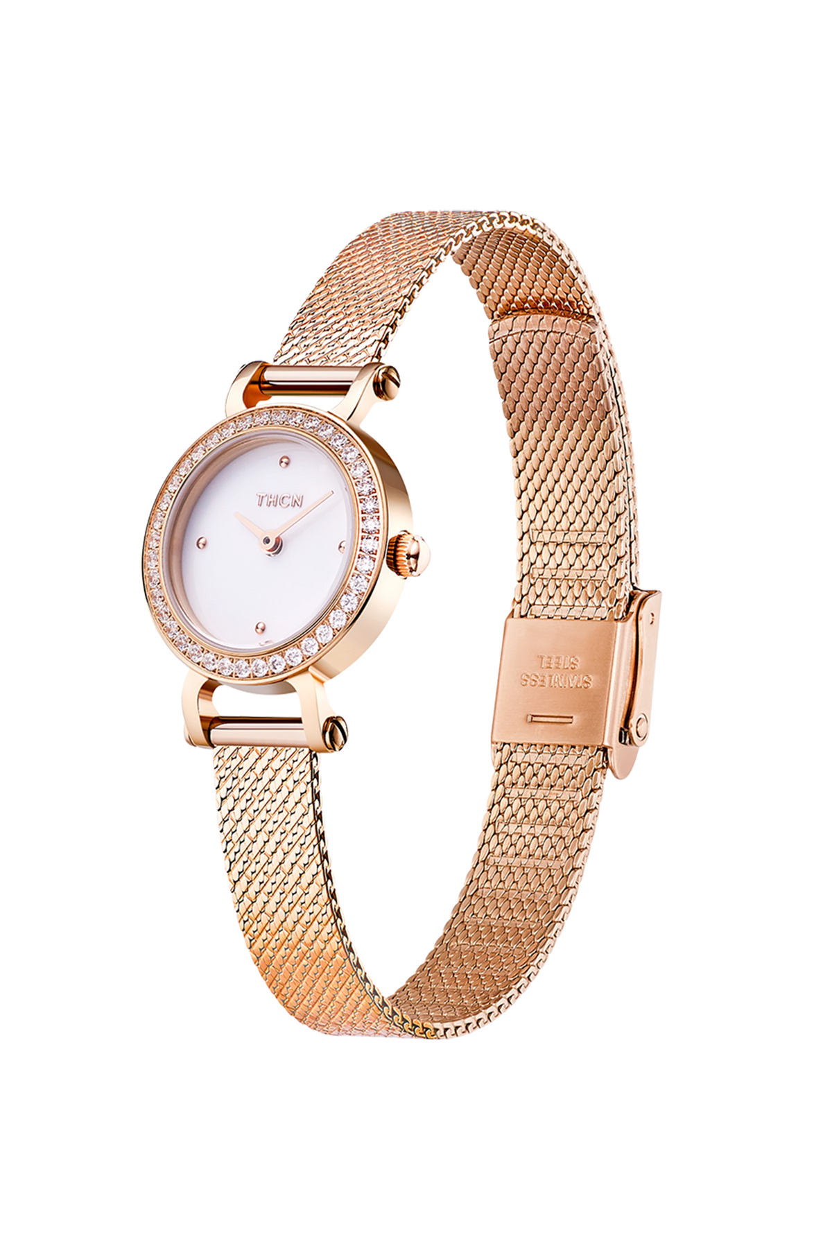 THCN C· I Eggshell White Dial Rose Gold Mesh Band Watch