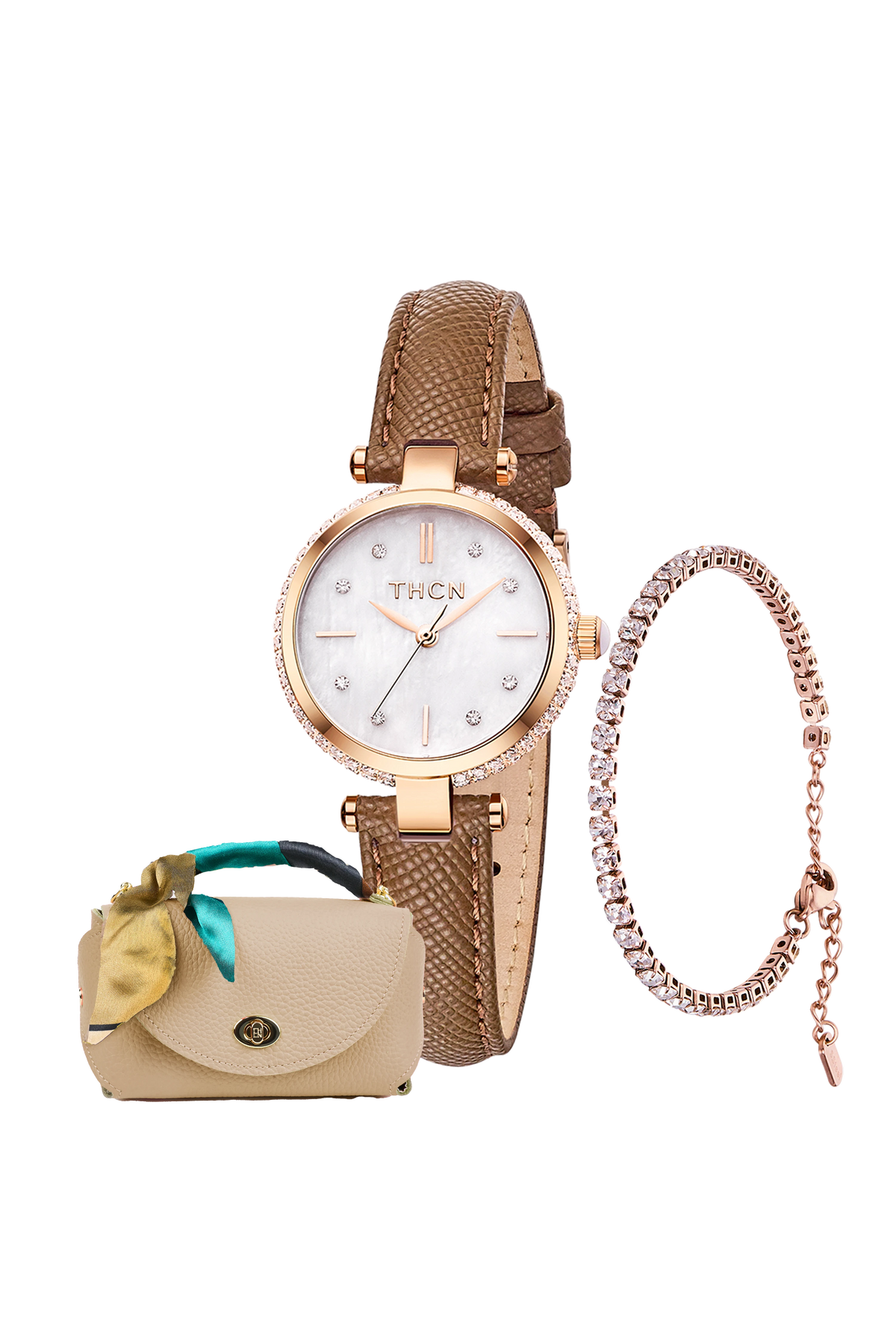 Round White Dial Leather Watch, Bracelet & Bag Gift Set