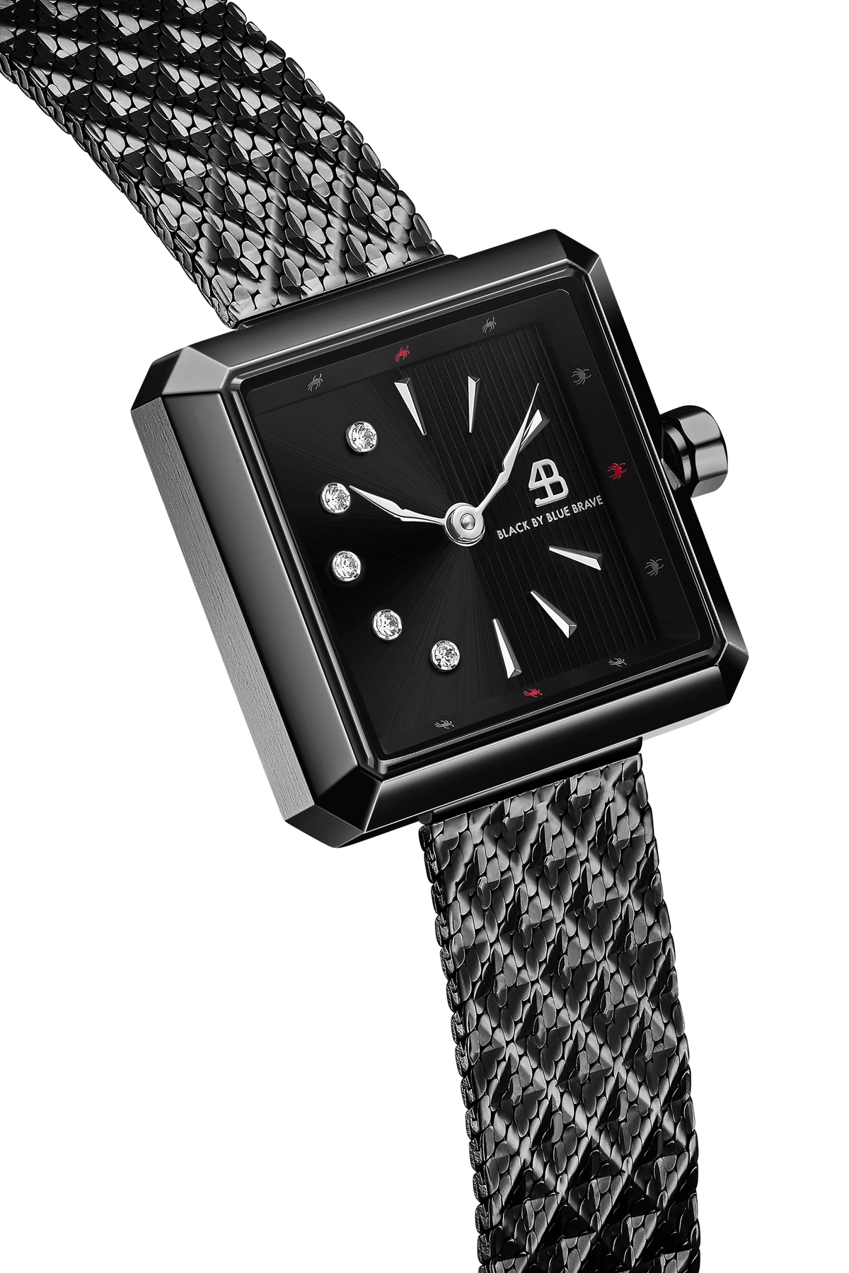Square Double Black Dial Black Steel Mesh Bracelet Watch