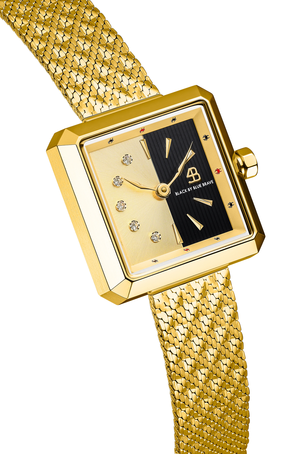Square Gold & Black Dial Gold Steel Mesh Bracelet Watch