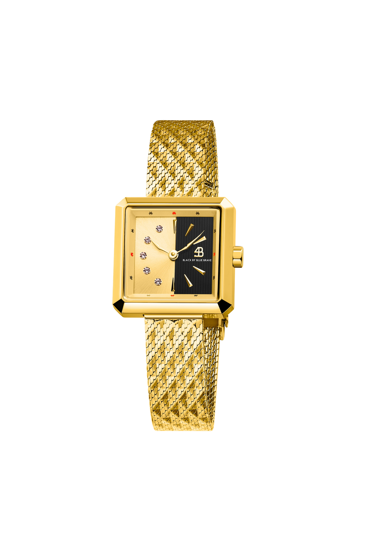 Square Gold & Black Dial Gold Steel Mesh Bracelet Watch